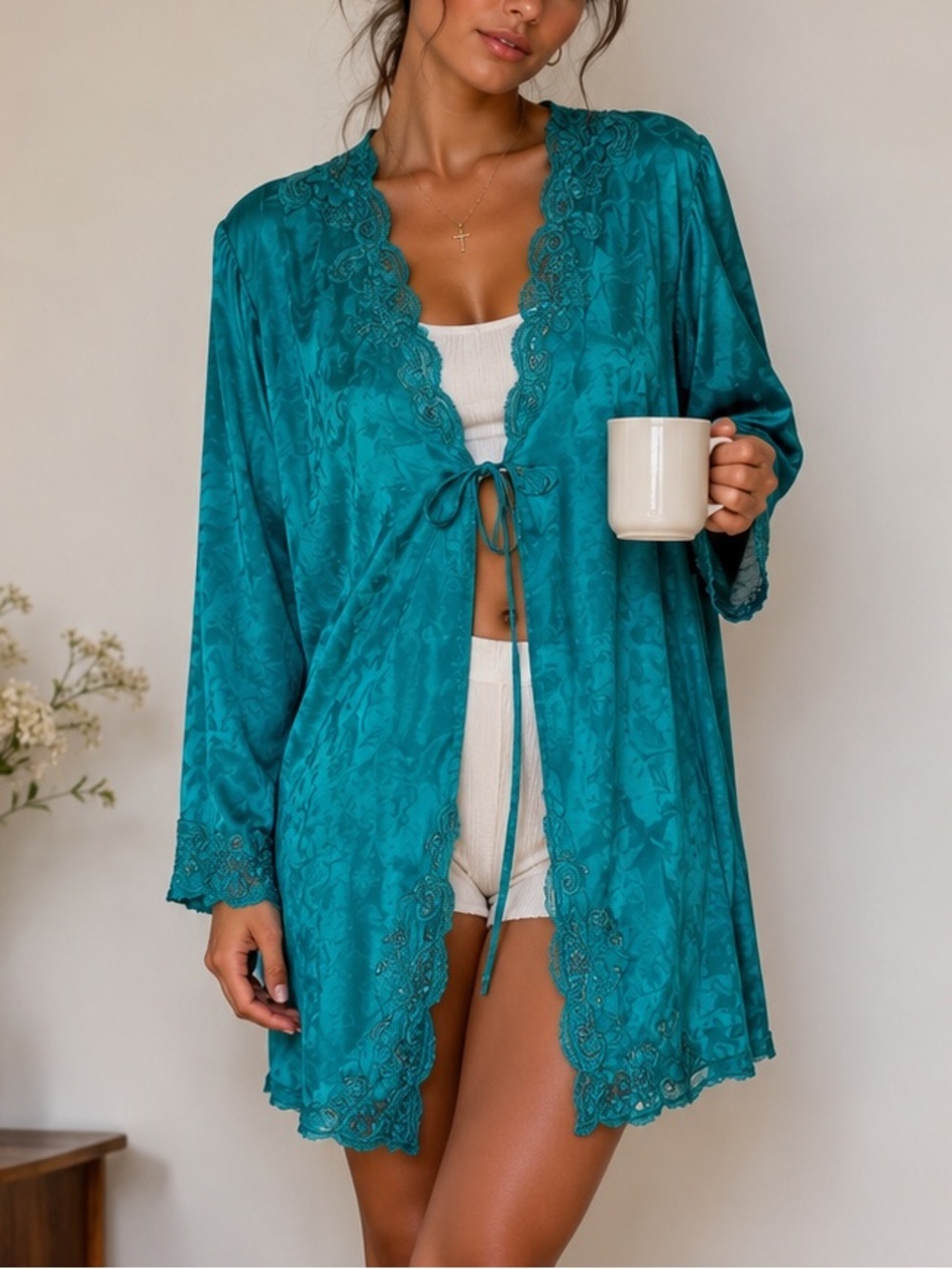 Y2K Victoria’s Secret Robe Floral Embroidered Beaded Size M/Large Teal Blue VTG